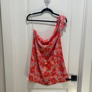 Pink Lily Floral One-Shoulder Mini Dress - Red and Pink